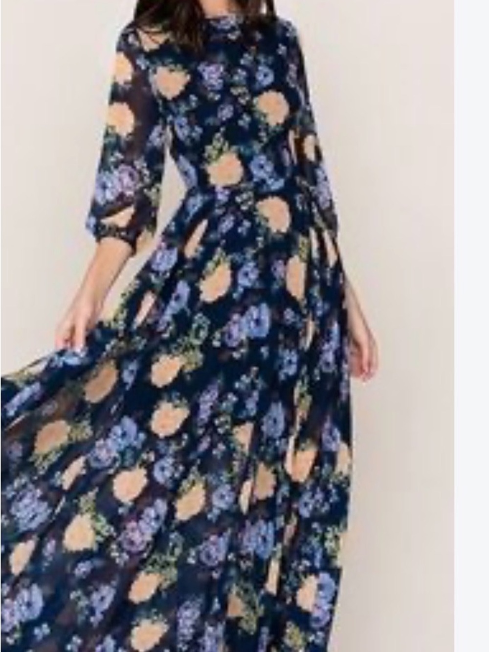 Yumi Kim XS Navy Floral Maxi Dress with Peach and Periwinkle Blooms-